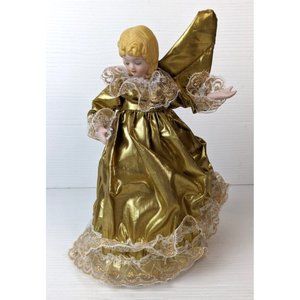 Vintage Christmas Angel 8” Gold Tones Wings Tabletop Decor Tree Topper porcelain